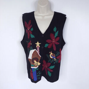 VTG Capacity Christmas Vest Womens L Black Poinsettia Bird Knit Button Front